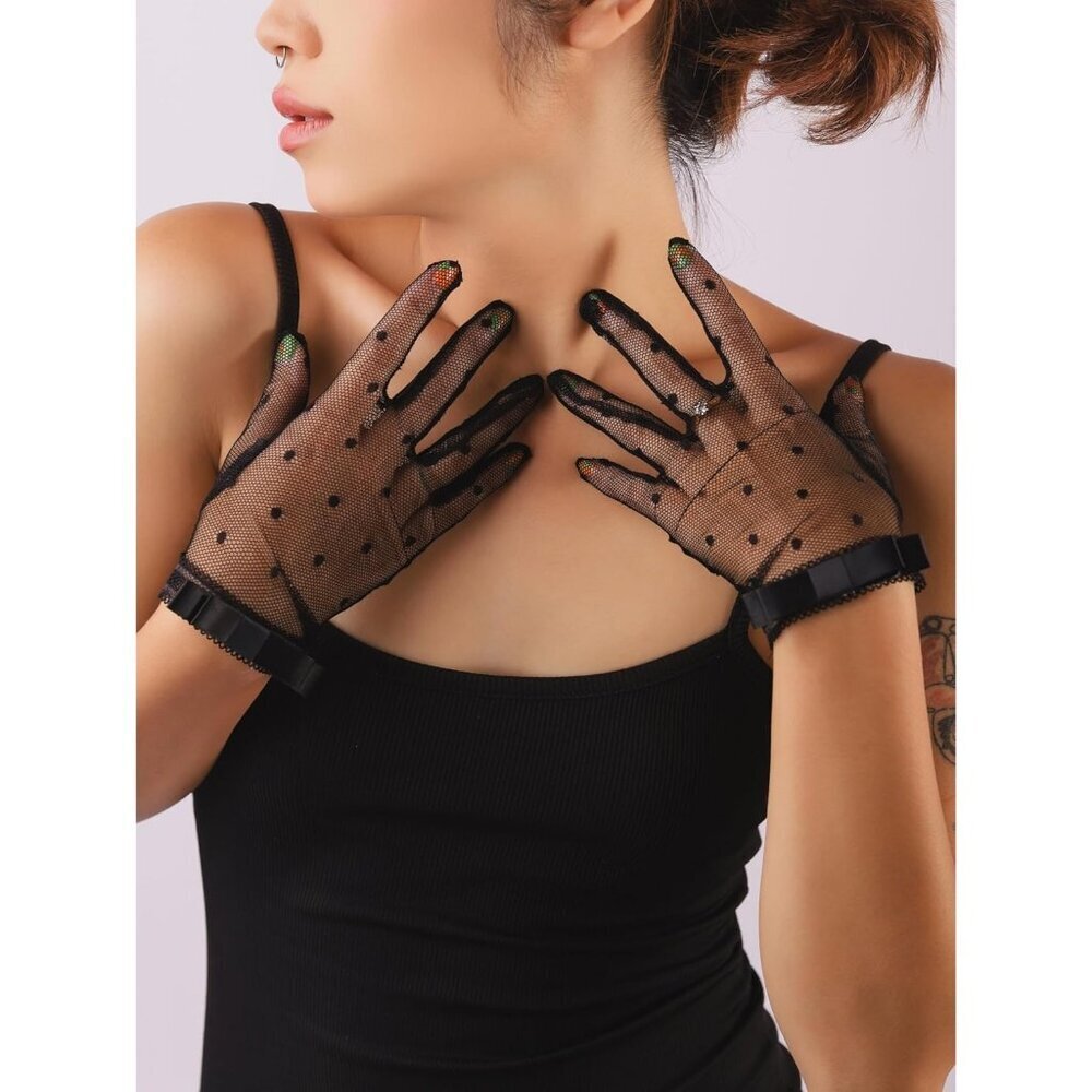 Women's Black Mesh Bow Lace Gloves Gothic Lolita Vintage Costume Accessories - Picture 3 of 6